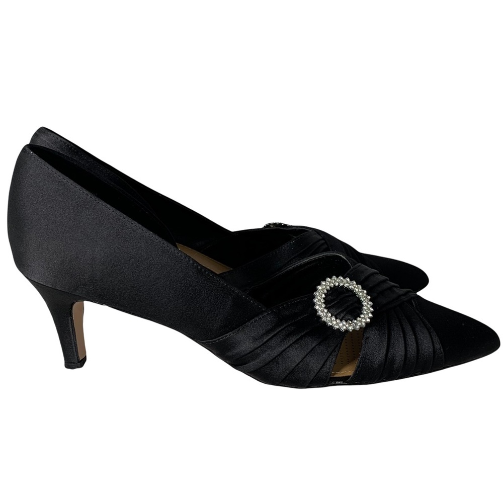 comfortview Black Satin Pointed-Toe Kitten Heel Pumps with Rhinestone Buckle